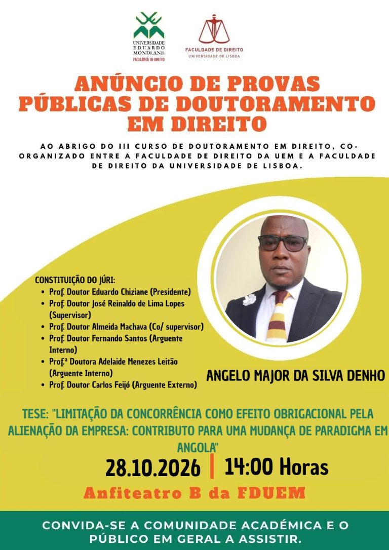 Anúncio de Provas Públicas de Doutoramento em Direito.